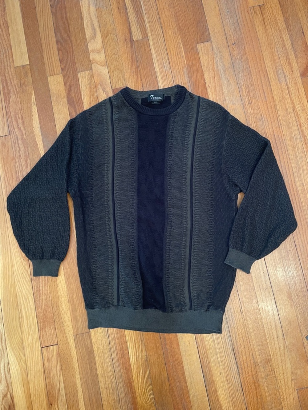 TOSANI Vintage 90s Black Khaki Knit 3D Pattern Cottagecore Grandpa Sweater